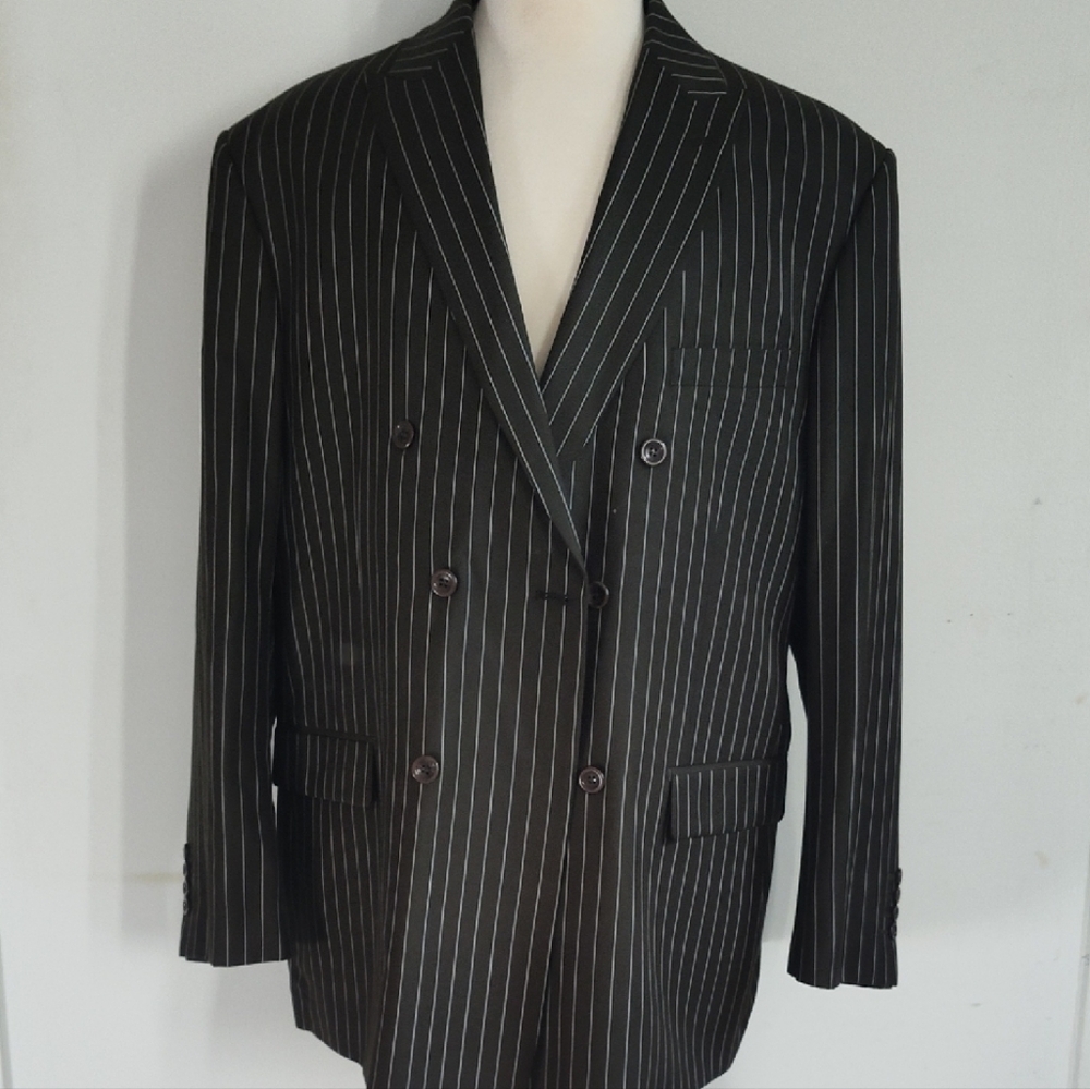 Elegant Double Breasted Green And White Pinstripe Men's Blazer